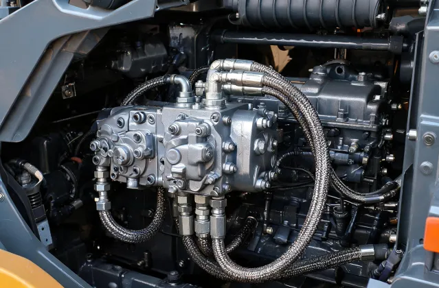 Wheel loader hydraulic main pump in engine bay