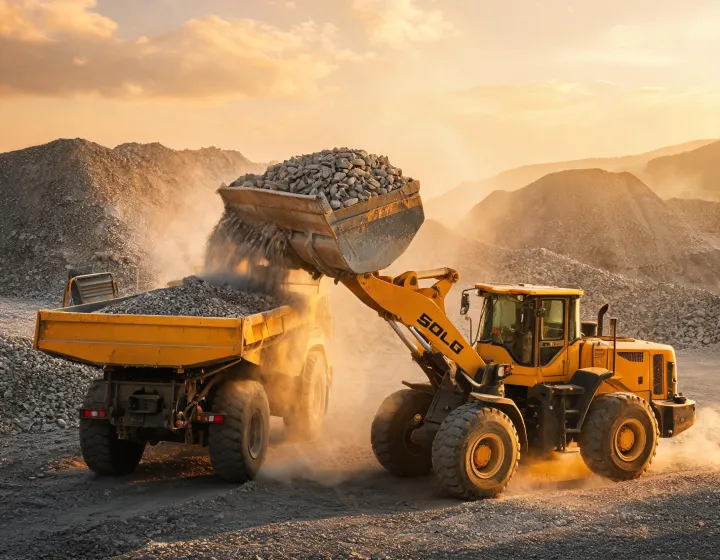 SDLG wheel loader loading articulated hauler on quarry stockpile