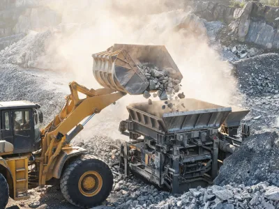 Quarry loader and crusher feed hopper