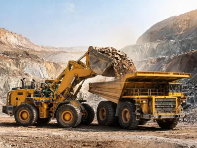 Mining stockpile loader filling haul truck