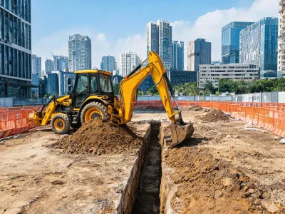 Backhoe loader on urban building site